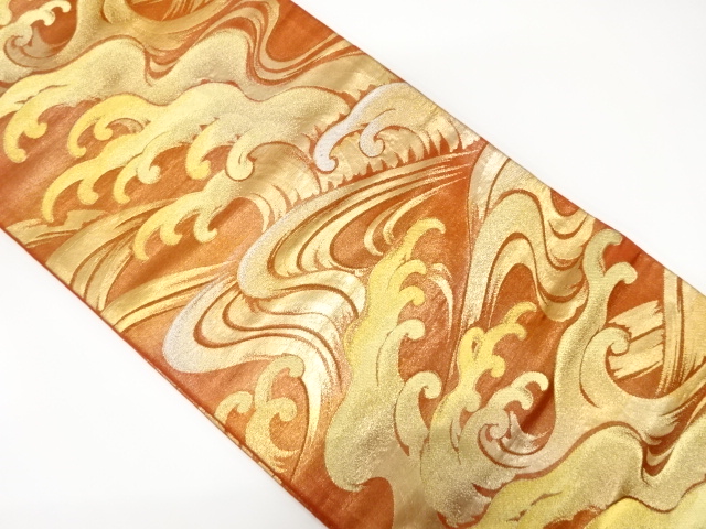 JAPANESE KIMONO / ANTIQUE FUKURO OBI / SILK / WOVEN RAGING WAVES